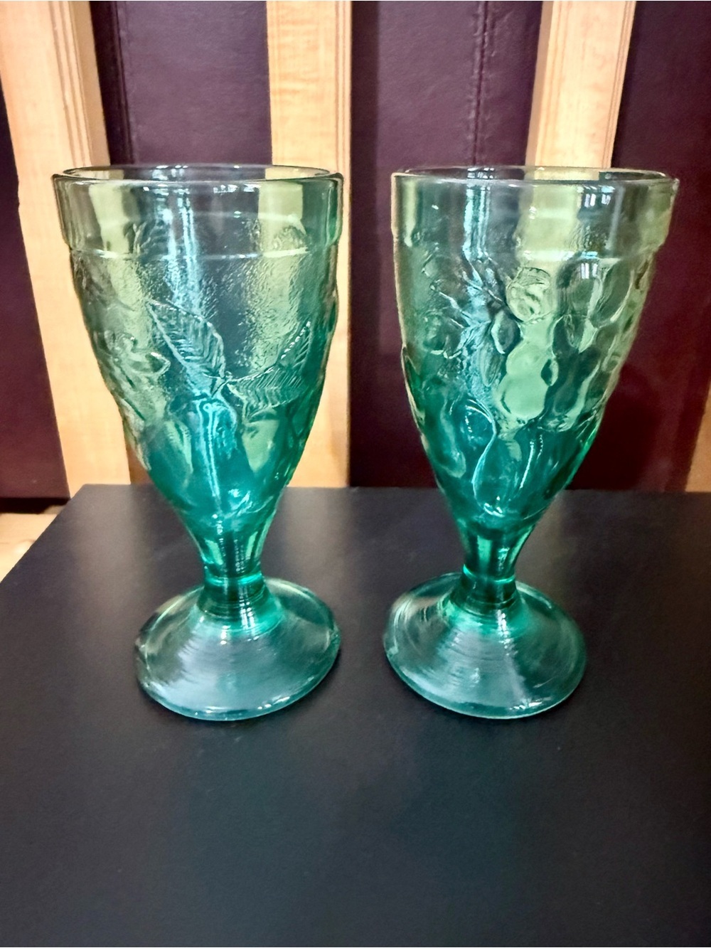 Vintage French Teal Pressed Glass Goblets - Set () Fruit Motif Marked France 20